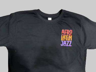 Black t-shirt with 'Afro Latin Jazz' text in colorful letters on a gray background